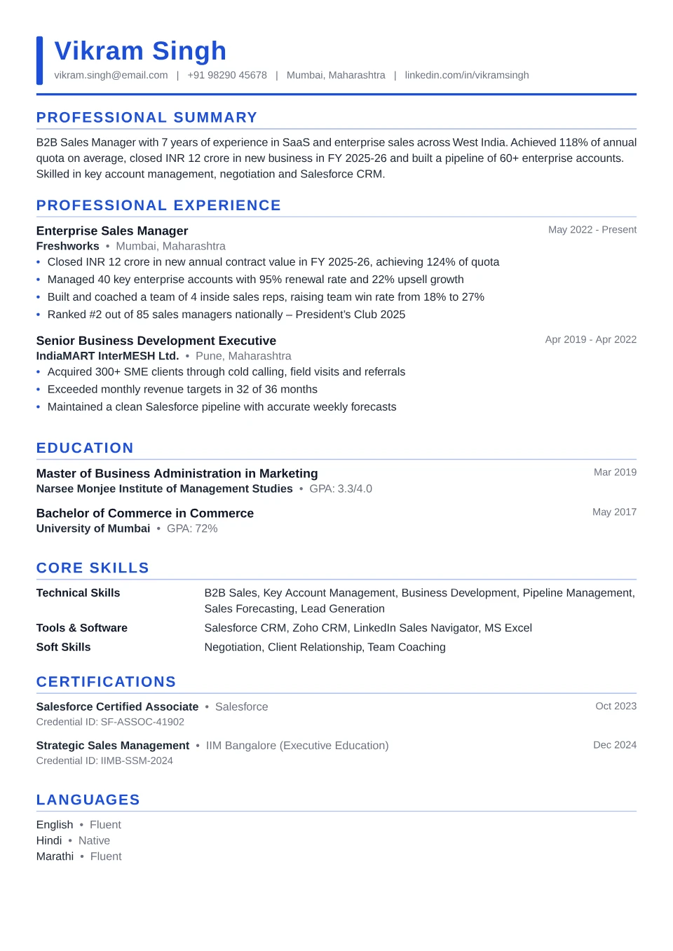 Sales resume sample in the Executive Accent free ATS template
