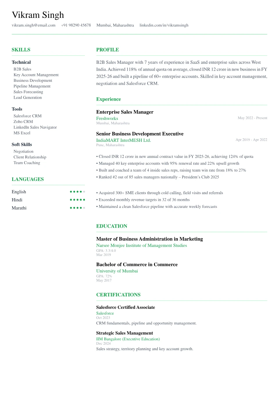 Sales resume sample in the Minimalist Clean free ATS template