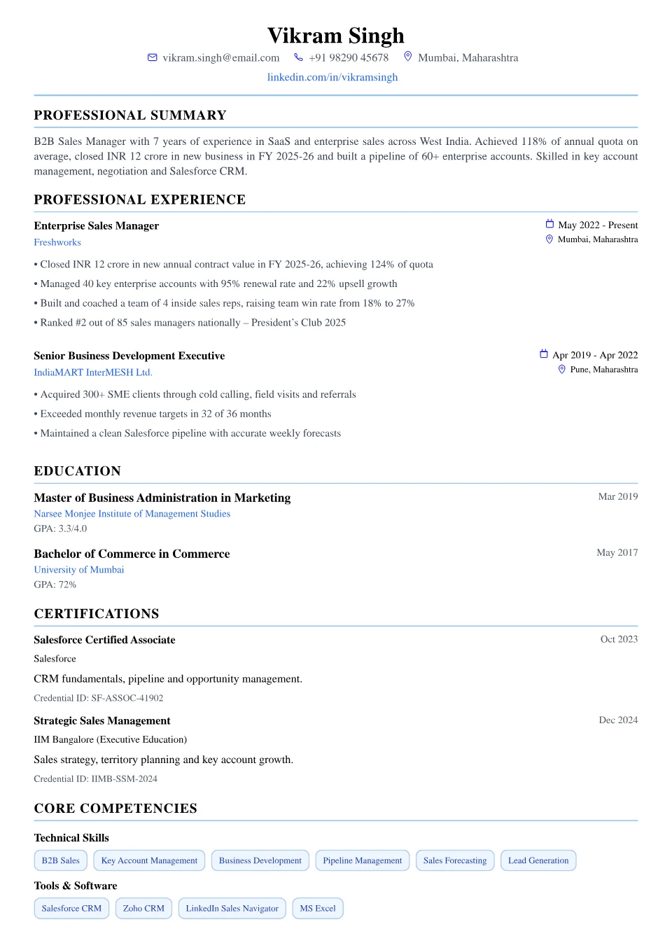 Sales resume sample in the Modern Professional free ATS template