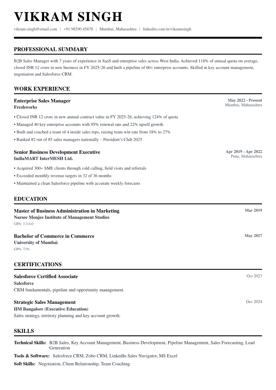 Sales resume sample in the Professional Black & White free ATS template