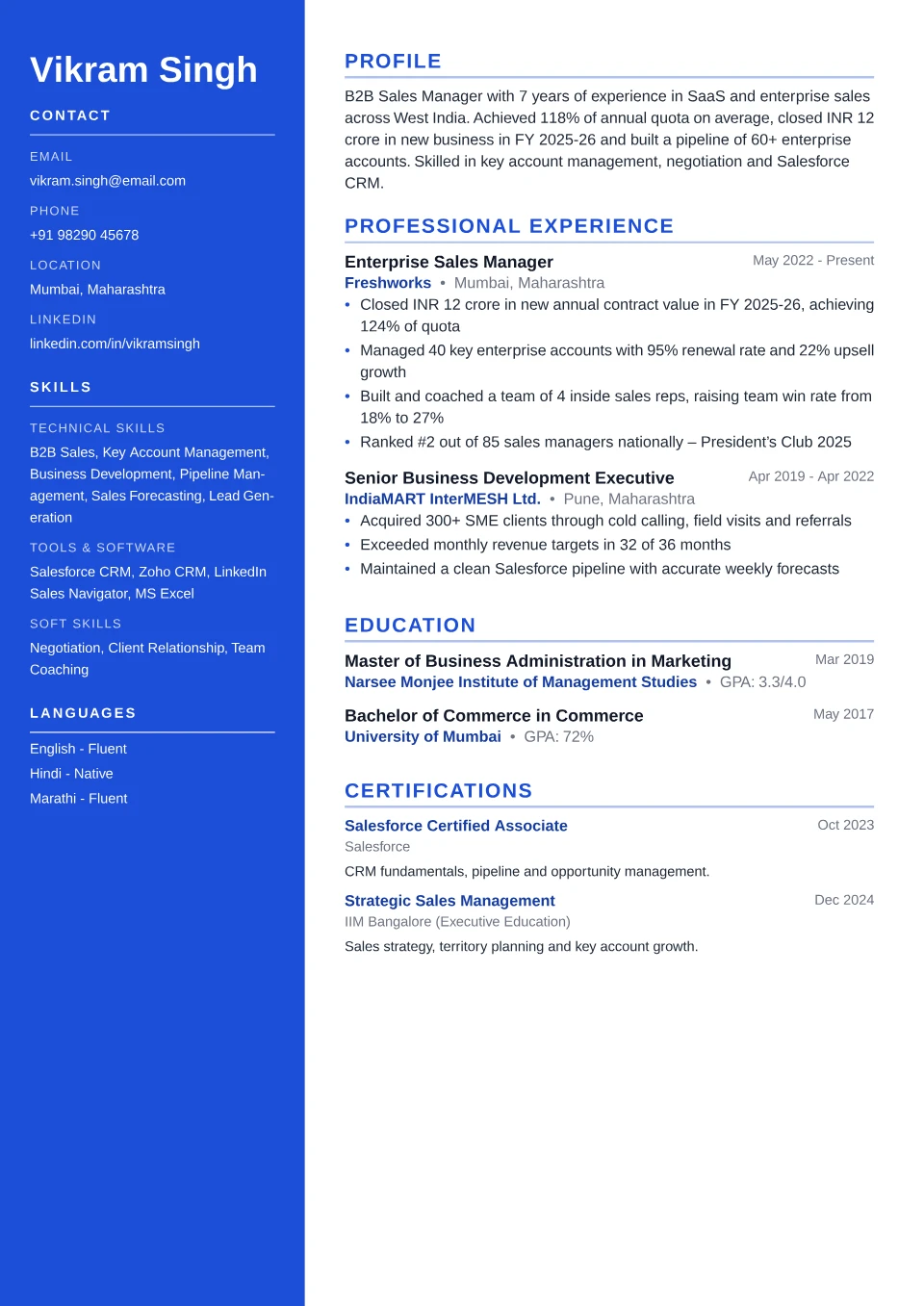 Sales resume sample in the Sidebar Pro free ATS template