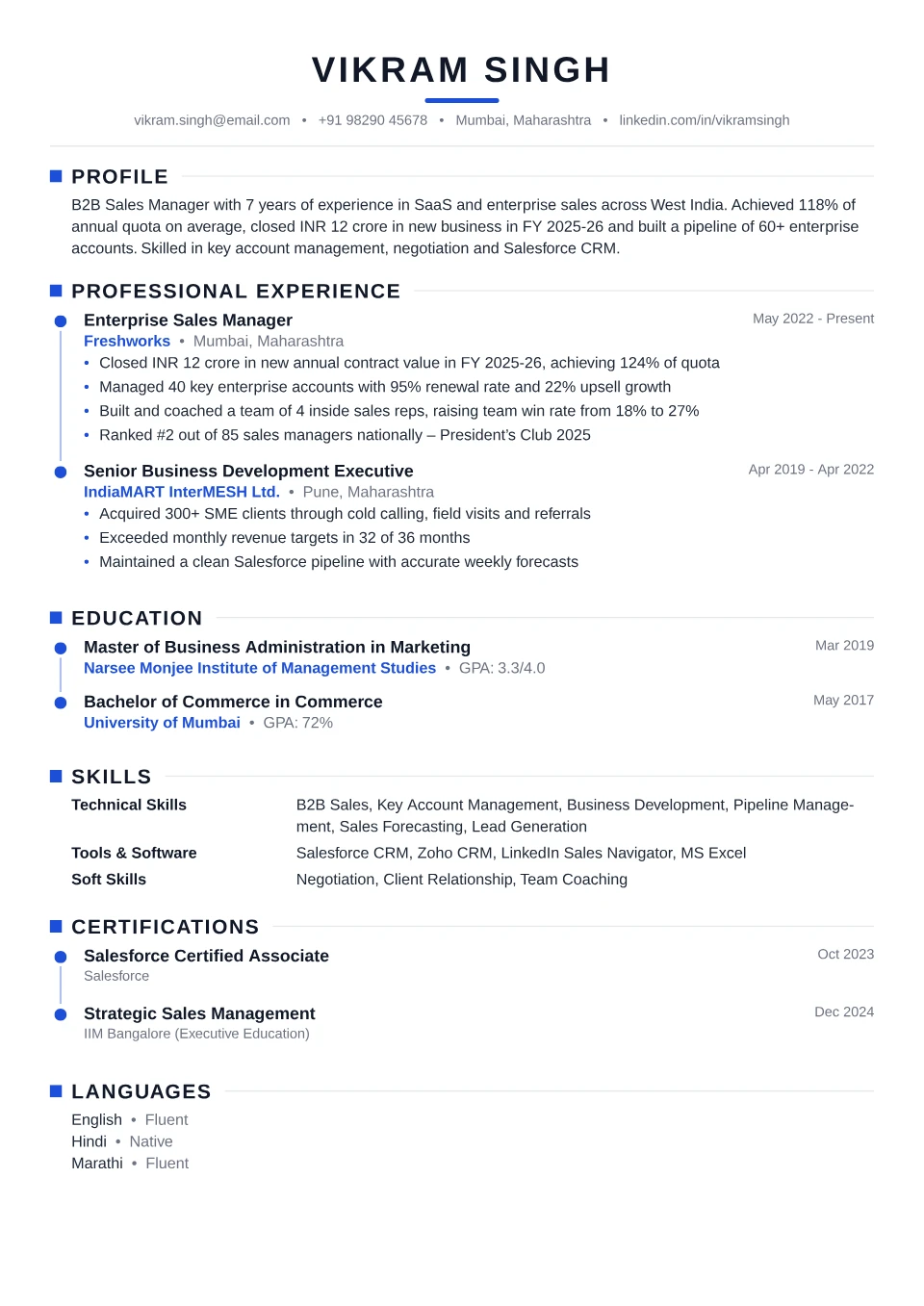 Sales resume sample in the Timeline Modern free ATS template