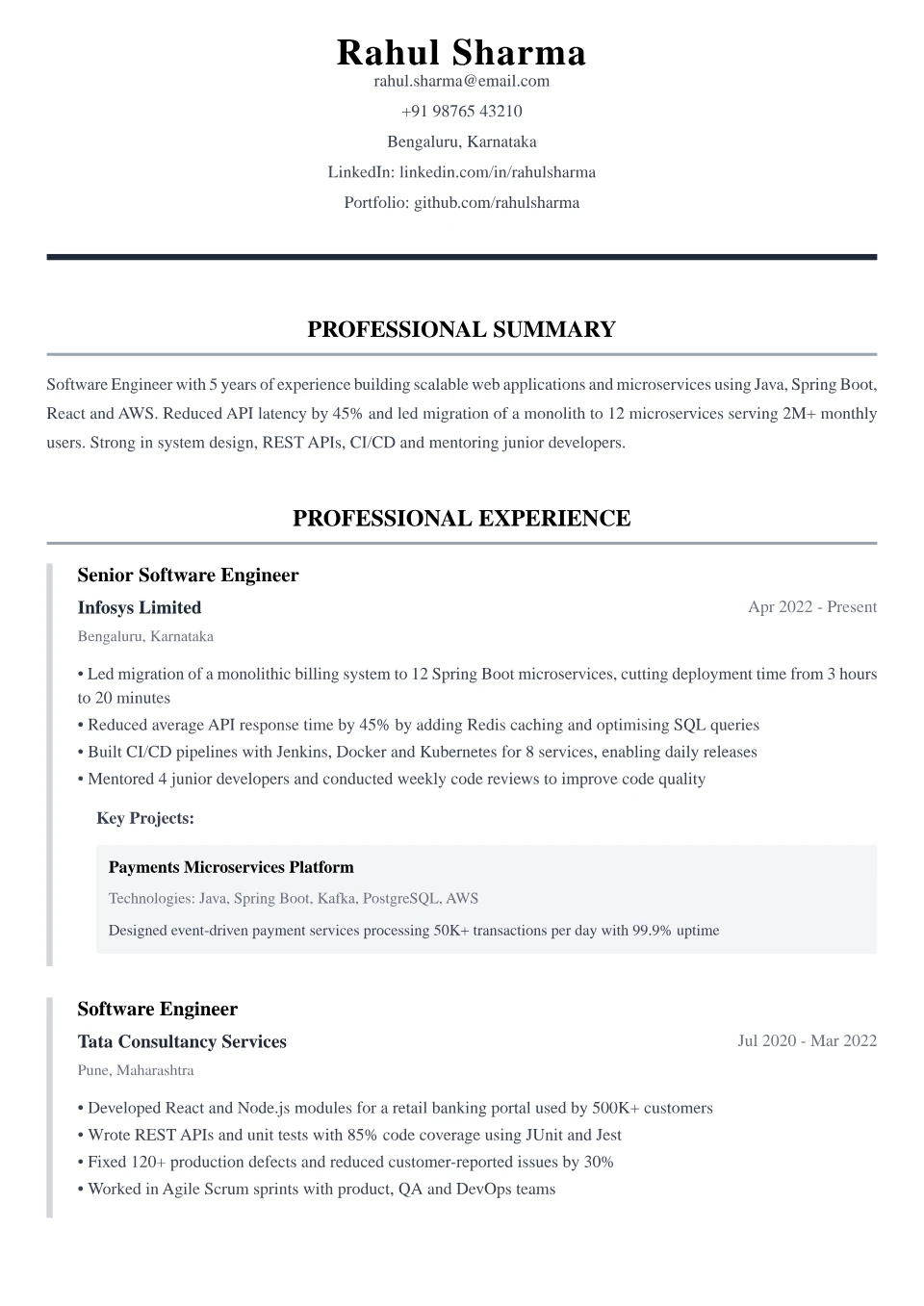 Software Engineer resume sample in the Classic Executive free ATS template