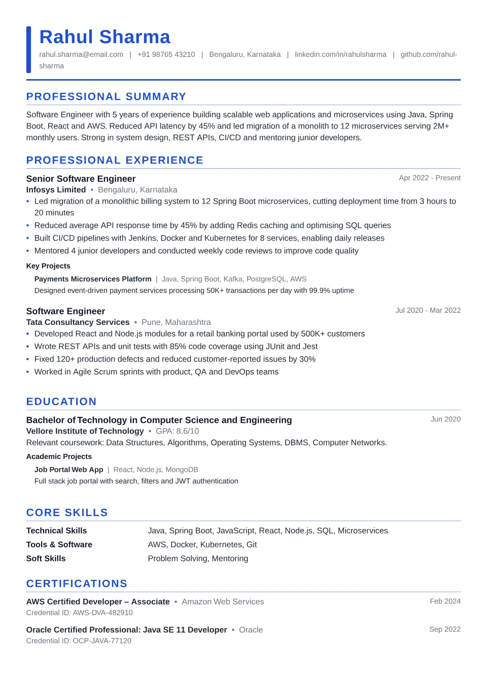 Software Engineer resume sample in the Executive Accent free ATS template