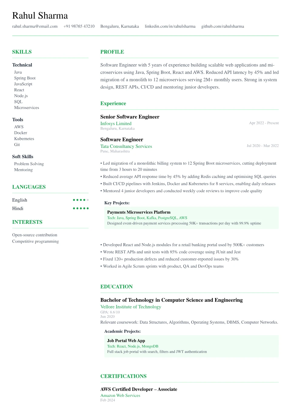 Software Engineer resume sample in the Minimalist Clean free ATS template