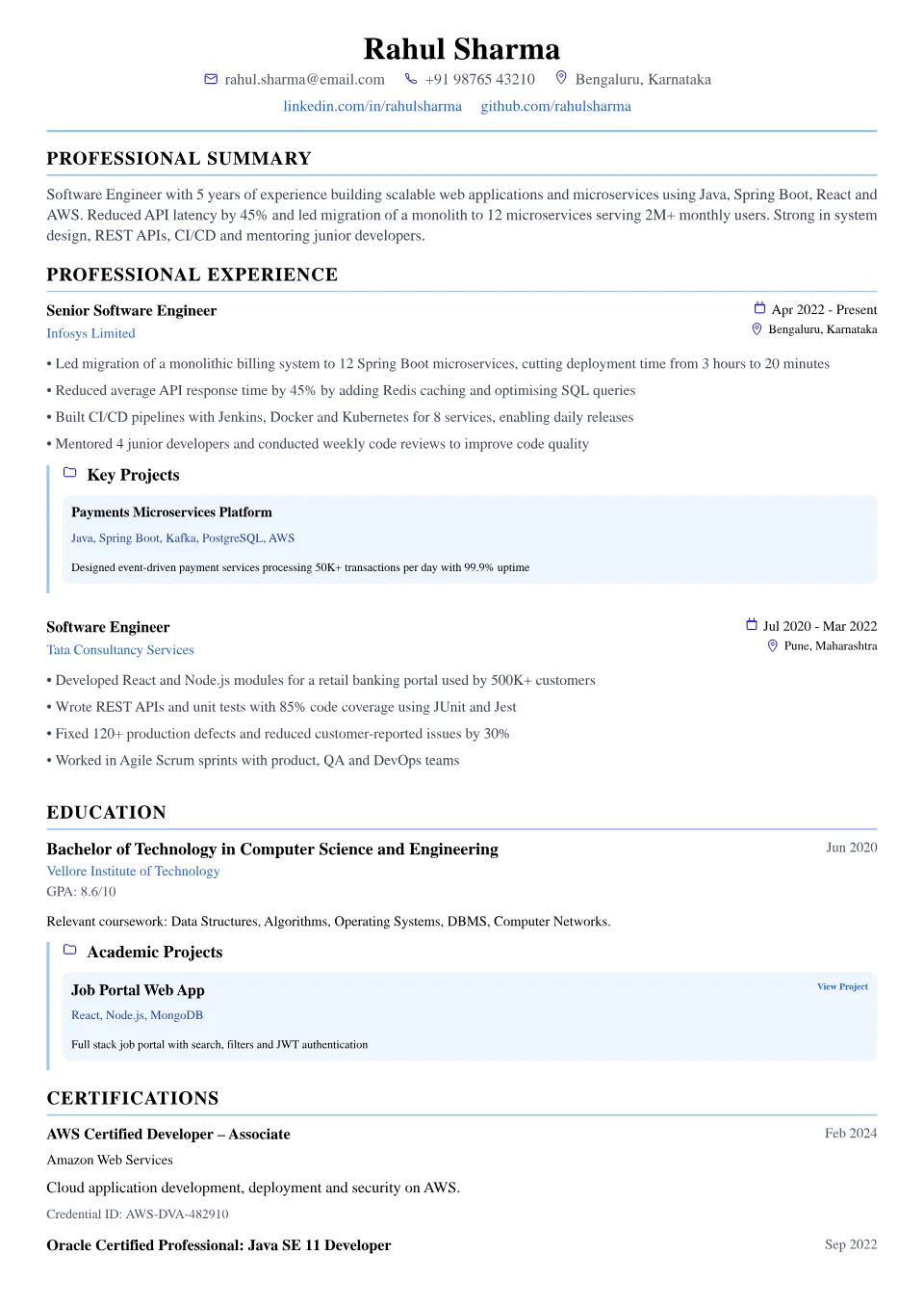 Software Engineer resume sample in the Modern Professional free ATS template