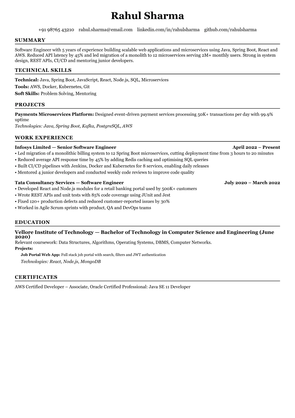 Software Engineer resume sample in the Black Modern Resume free ATS template