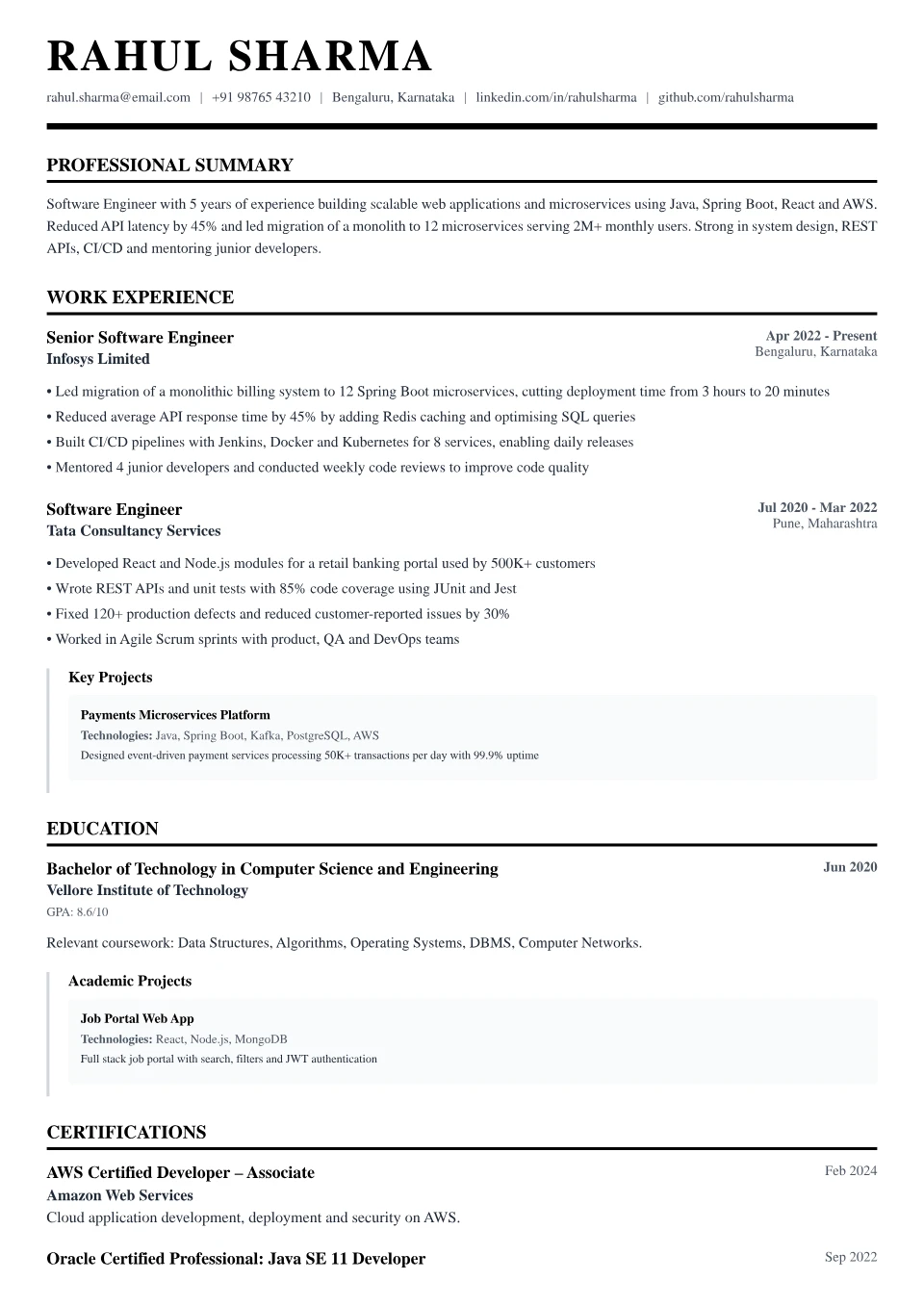 Software Engineer resume sample in the Professional Black & White free ATS template